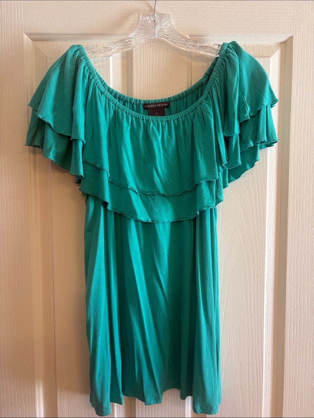 Chelsea & Theodore Teal Ruffled Off-Shoulder Top